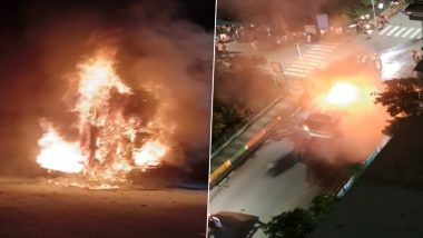 Navi Mumbai Bus Fire Video: Massive Blaze Engulfs Vehicle Near Airoli Sector-8, Fire Tenders Rushed to Spot